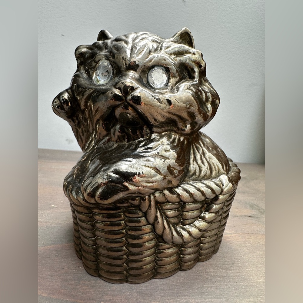 Vintage Silver Plated Cat in Basket Coin Saving Bank From Hong Kong